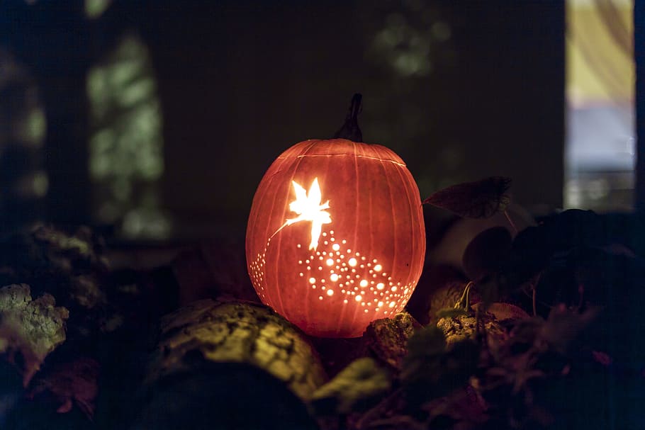 brown, lighted, pumpkin decor, jack-o'-lantern, tinker bell, lantern, fairy, jack o lantern, holiday, halloween