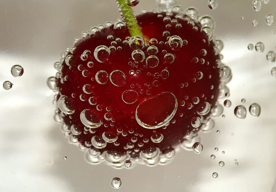 fruta, cereza, golpe, agua, burbujas, burbujas de agua, burbujas de aire, burbuja, transparente, macro
