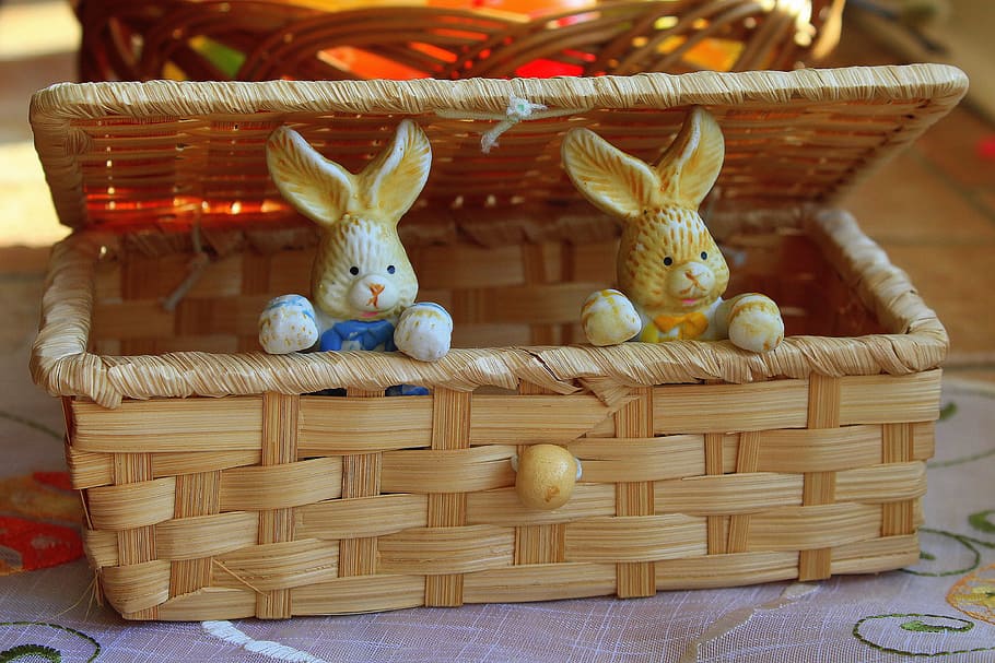 two, rabbit figurines, wicker basket, bunnies, basket, decoration, ornament, traditional, model, crafts