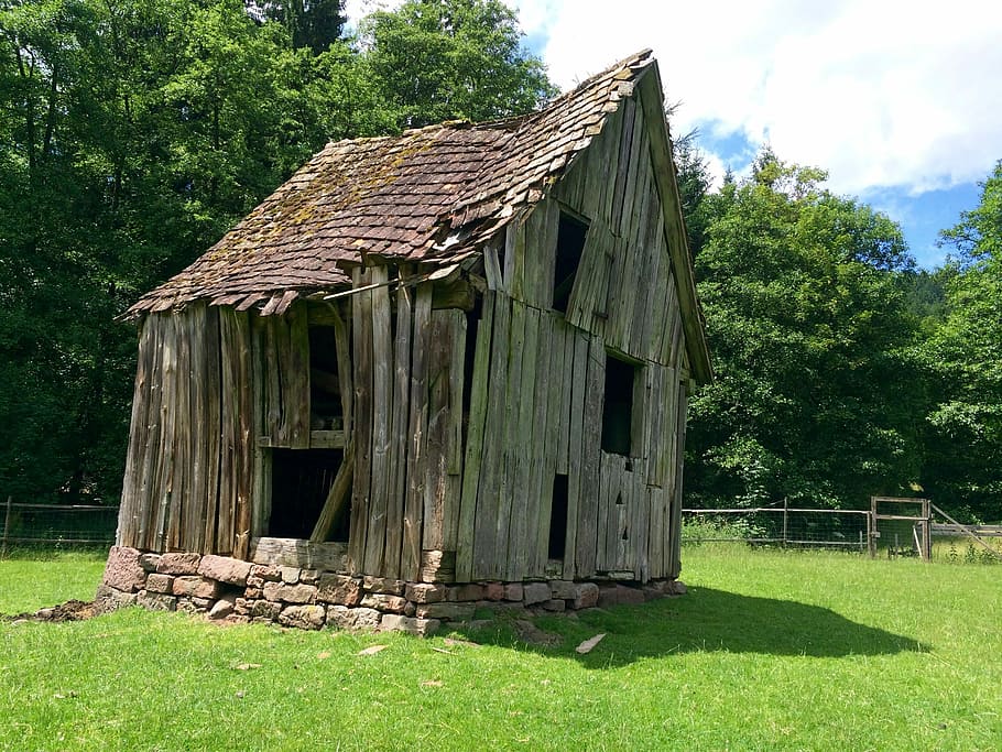 Hut, Lapsed, Barn, Scale, Weathered, decay, old cottage, building exterior, architecture, grass
