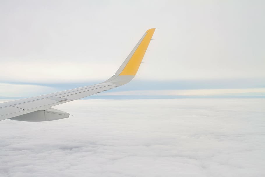 gray, yellow, aeroplane, airplane, airline, travel, trip, cloudy, sky, flying