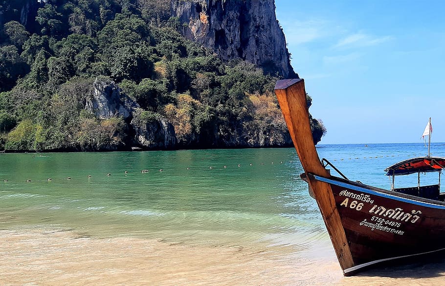 beach, thailand, krabi, longtail boat, island, sea, water, sky, landscape, nature