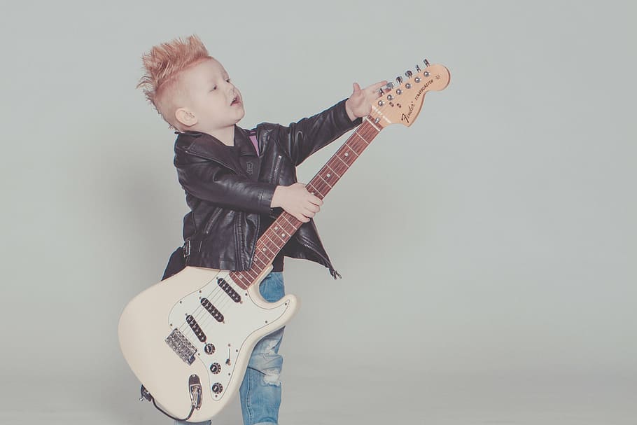 boy, black, leather jacket, holding, white, electric, guitar, baby, rock, music