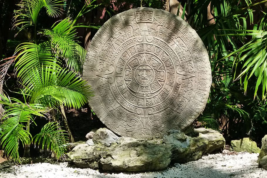 round, gray, concrete, statue, plants, the aztec calendar, mexico, stone, caribbean, holiday