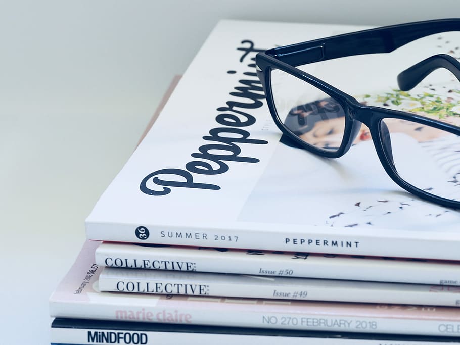 black, framed, eyeglasses, peppermint magazine, paper, business, document, education, book, research