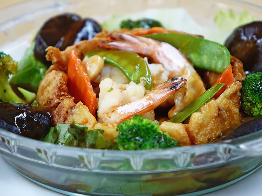 chopseuy food, chinese food, restaurant, asian food, stir fried, vegetable, cooking, mushroom, prawns, oriental