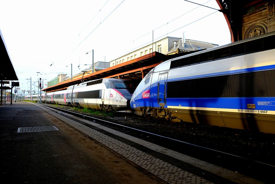 white, blue, train, tgv 1 and 2 trailer, railway, french, high speed, remote traffic, electrical multiple unit, platform
