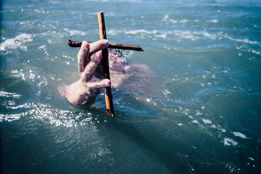 drowning, person, holding, wooden, cross, human, hand, body, water, guy