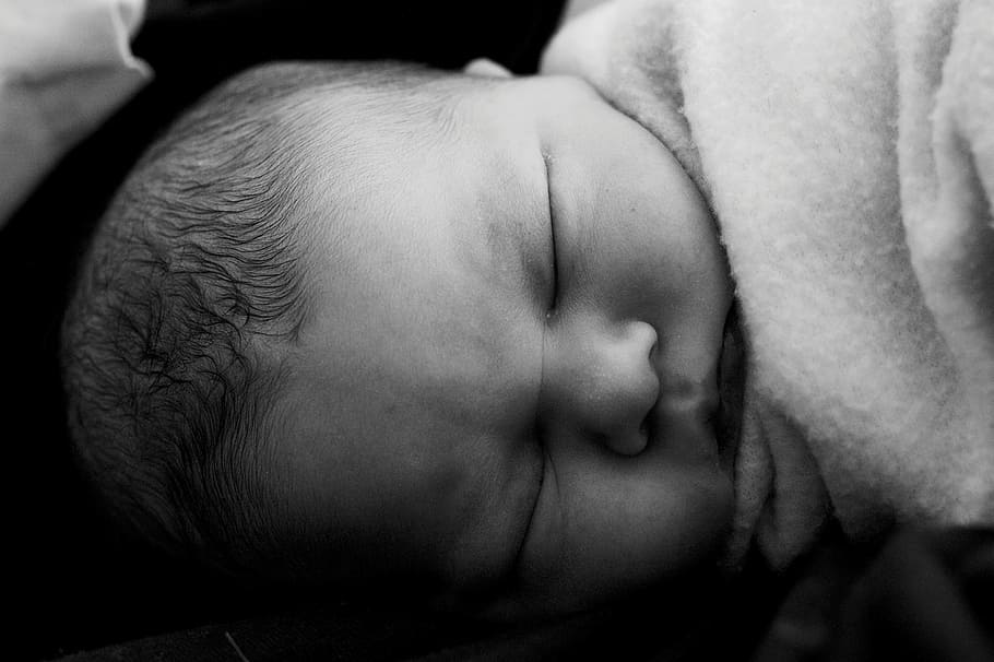grayscale photography, baby, lying, bed, infant, newborn baby, face, human, mother, black and white