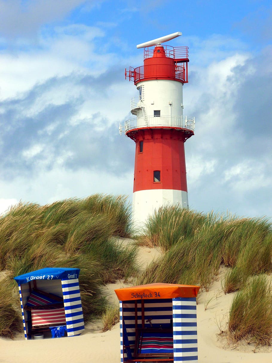 white, red, lighthouse, electric lighthouse, red white, beach tent, borkum, east frisian island, wadden sea, dune landscape