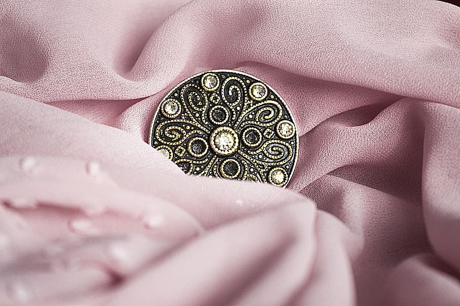round bronze button, pink, textile, jewelry, gold, precious, shiny, luxury, diamond, necklace