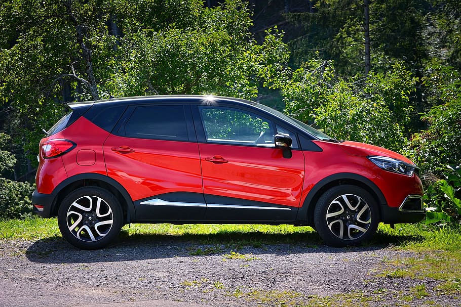 red, renault crossover, parked, bushes, auto, suv, vehicle, small car, passenger cars, automotive