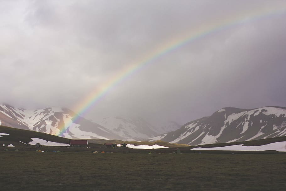 brown, white, field, rainbow sky, daytime, rainbow, mountain, snow, sky, clouds