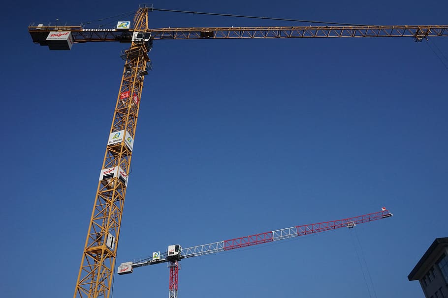 Crane, Build, Sky, baukran, site, construction work, lattice boom crane, crane boom, boom, yellow