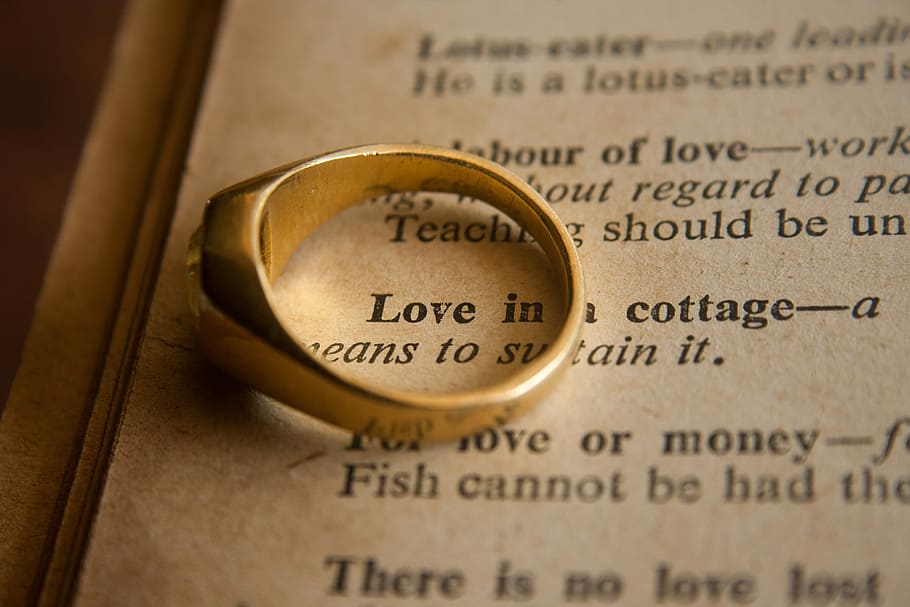 gold ring, book page, book, page, love, text, ring, emotion, words, marriage