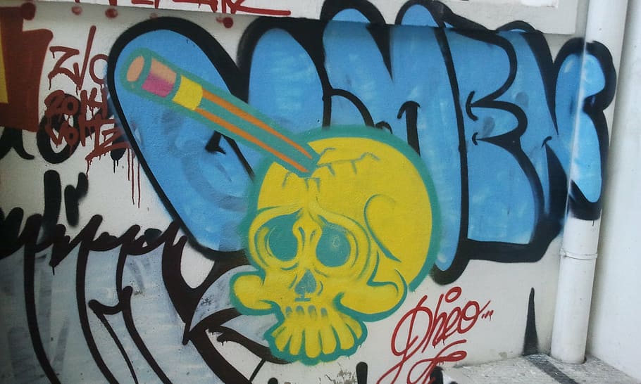 grafite, cabeça, crânio, desenho, cor, arte e artesanato, criatividade, multicolorido, arte de rua, representação