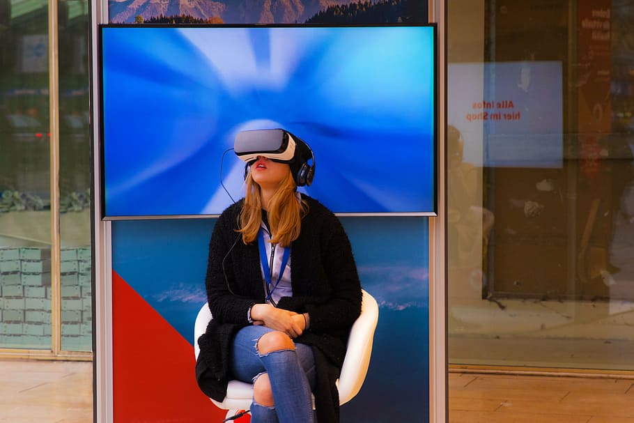 mujer, sentado, blanco, silla, berlín, oculus rift, 3d, realidad virtual, virtual, ficción