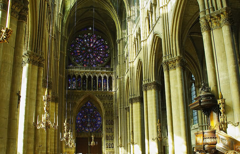 reims, cathedral, nave, columns, pilasters, vaults, rosette, light, religion, architecture
