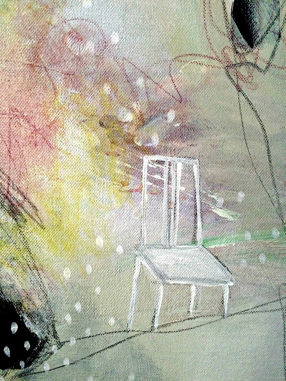 white chair painting, white, red, yellow, chair, illustration, abstract, abstract painting, abstract art, artwork