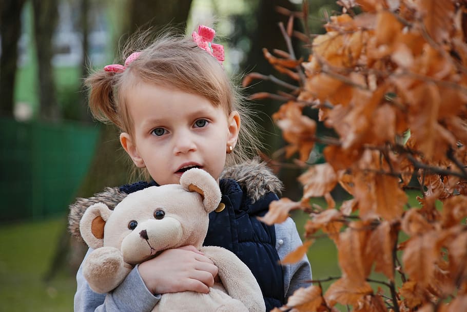 girl, holding, beige, bear, plush, toy, brown, leaf, baby, cute