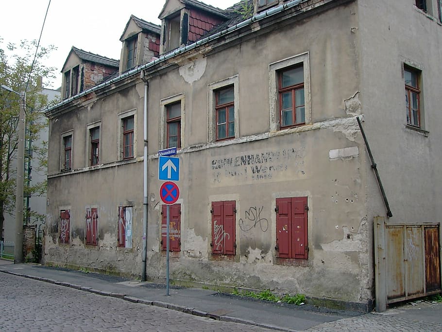 construção, velho, fachada, antigo wasserburg, caducado, persianas, fechado, dresden, neustadt, erich kästner