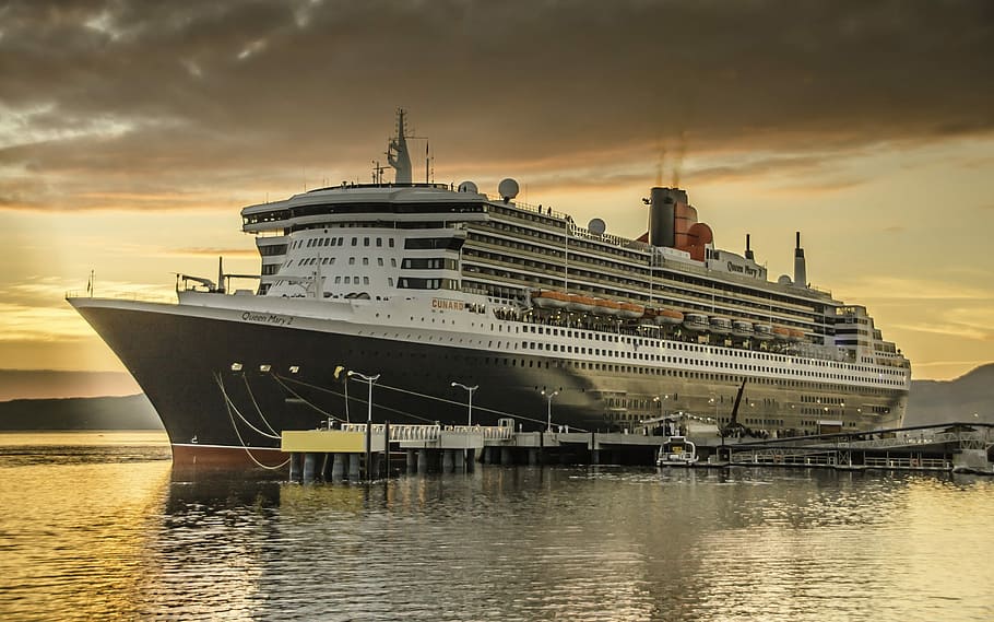 black, white, cruise ship, docking station, body of water, travel, sky, no person, ship, queen mary 2