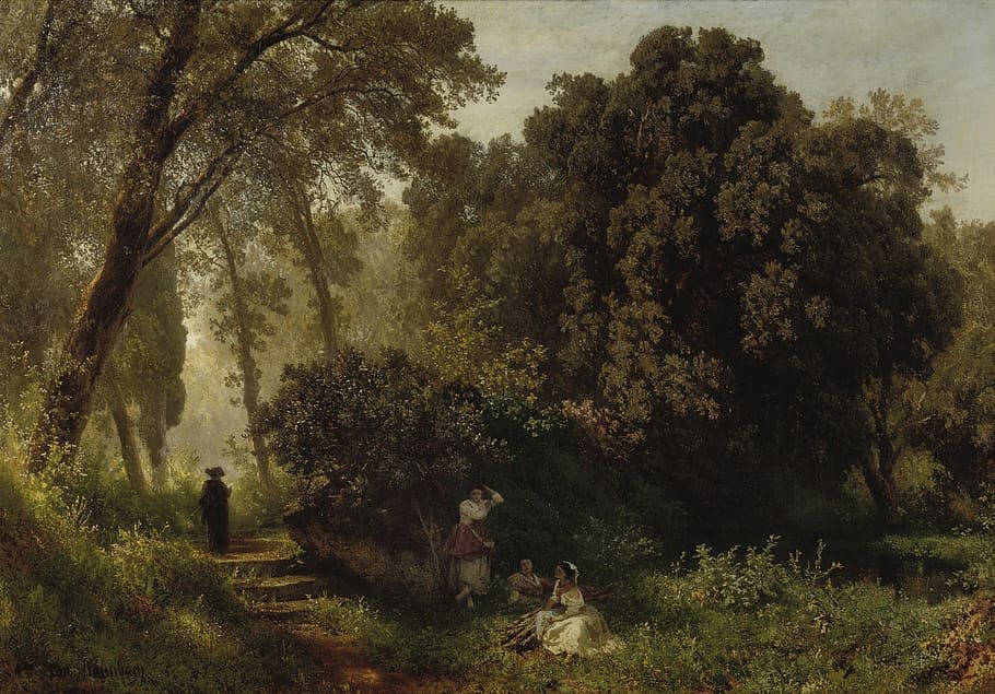 three, women, tree, grass field, pathway painting, oswald achenbach, painting, art, artistic, artistry