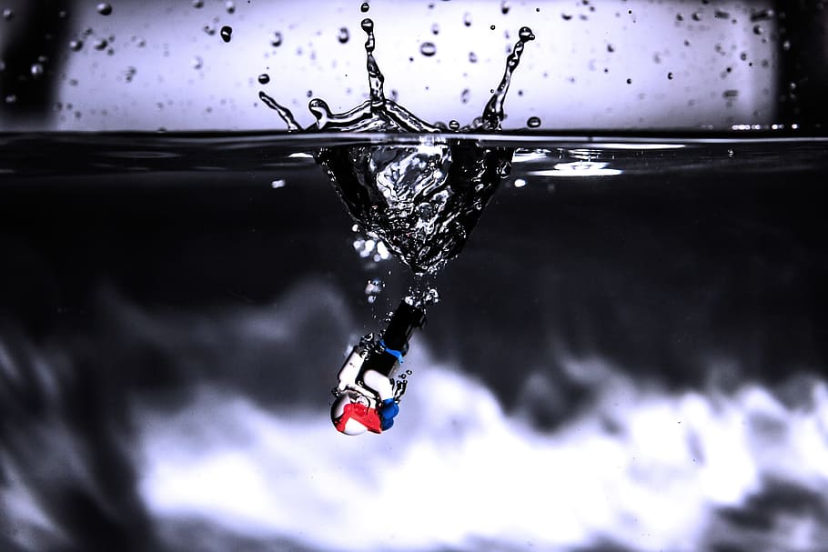 black, white, device, sinking, water, black and white, lego, spray, blow, immersion