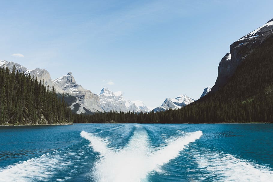barco, passagem, corpo, água, lago, azul, ao ar livre, natureza, paisagem, montanha