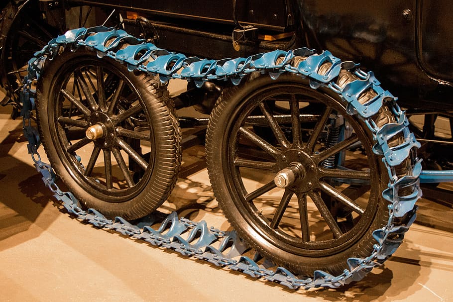 vintage track, innovation, invention, tread, snow, blue, black, dual, tandem, tires