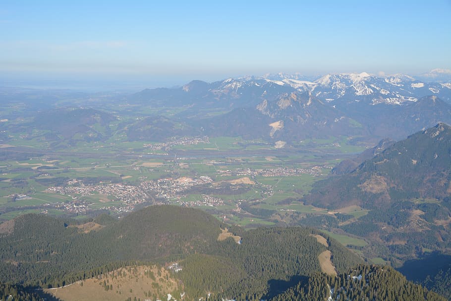 inntal valley, mountains, bavaria, aerial view, alpine, haze, summit, view, panorama, landscape