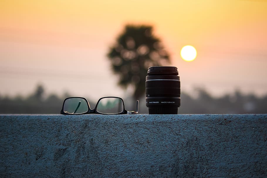 black, framed, eyeglasses, camera lens, dawn, landscape, sunset, camera, photographer, sunrise