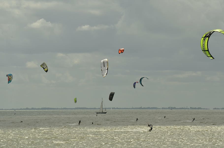 sports, aviator, kite, surf, wind, water, speed, clouds, dark, threat