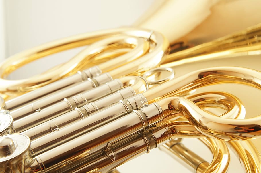 close-up photo, trumpet mouthpiece, french horn, wind instrument, brass instrument, musical instrument, horn, music, gold colored, metal