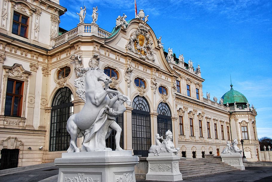 horse statues, front, building, vienna, belvedere palace, architecture, baroque, austria, places of interest, barockschloss