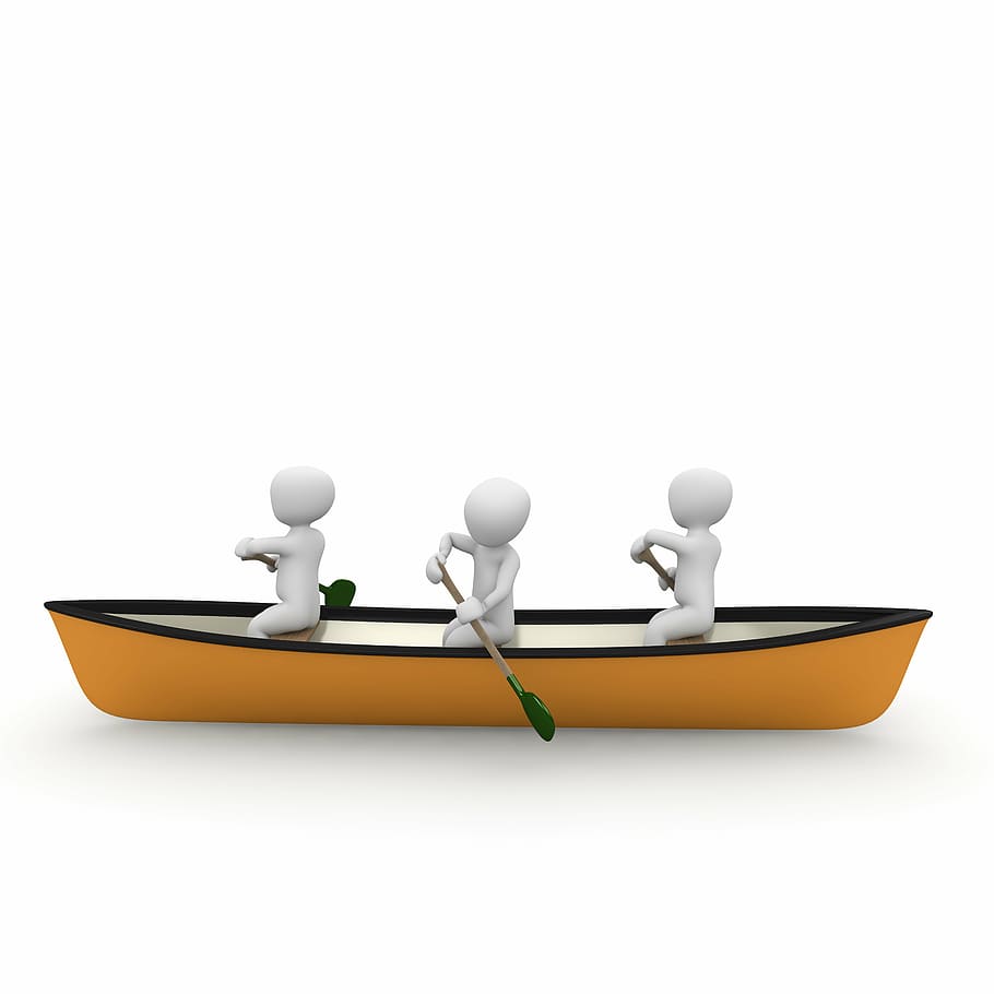 ilustración cgi, tres, personas, usando, naranja, negro, canoa, bota, viaje en bote, remo