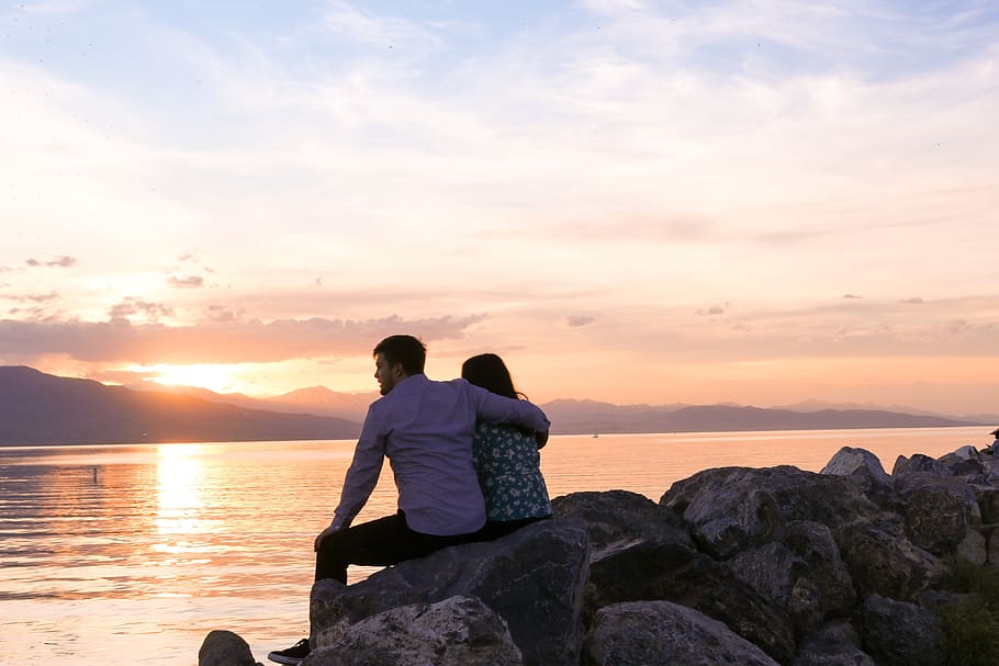sunset, couple, engagement, relationship, together, romantic, sky, lovers, happiness, dusk