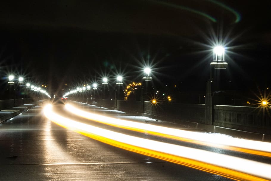 garis cahaya, jembatan, malam, cahaya, jalan, transportasi, garis-garis, cepat, pencahayaan, gerakan