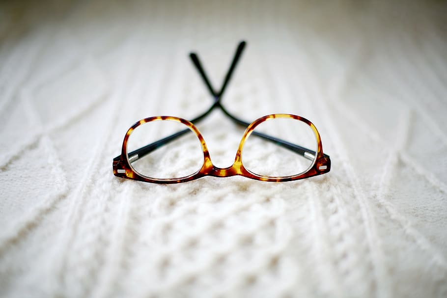 brown, framed, eyeglasses, placed, cushion, frame, blur, bed, eyesight, eye test equipment