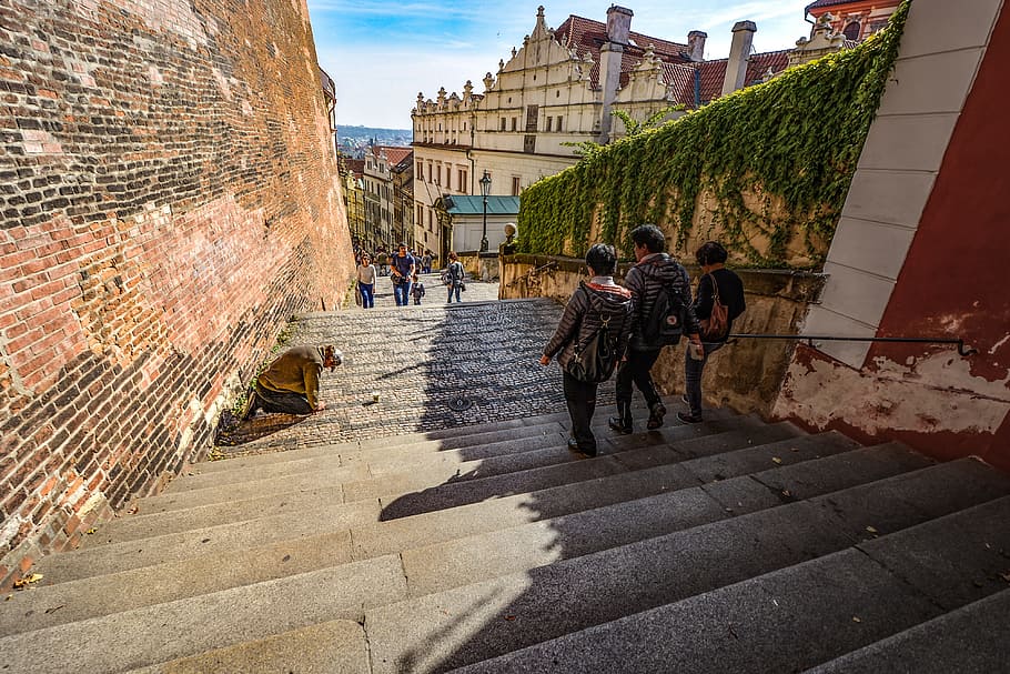 Prague, Beggar, Stairs, Steps, Stairway, tourist, city, unemployment, poor, poverty