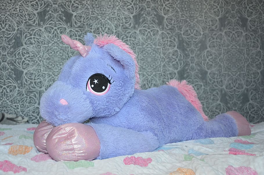 blue, plush, toy, Unicorn, Teddy Bear, Purple, Pink, purry, children, animal representation