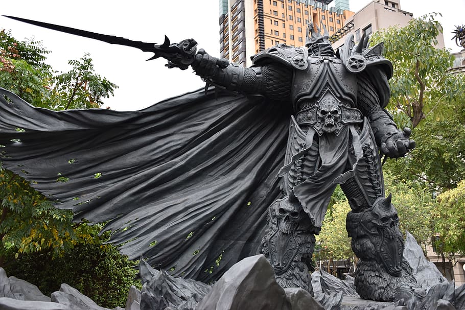 arthas menethil, warcraft, statue, video game, character, taichung, taiwan, park, sculpture, representation