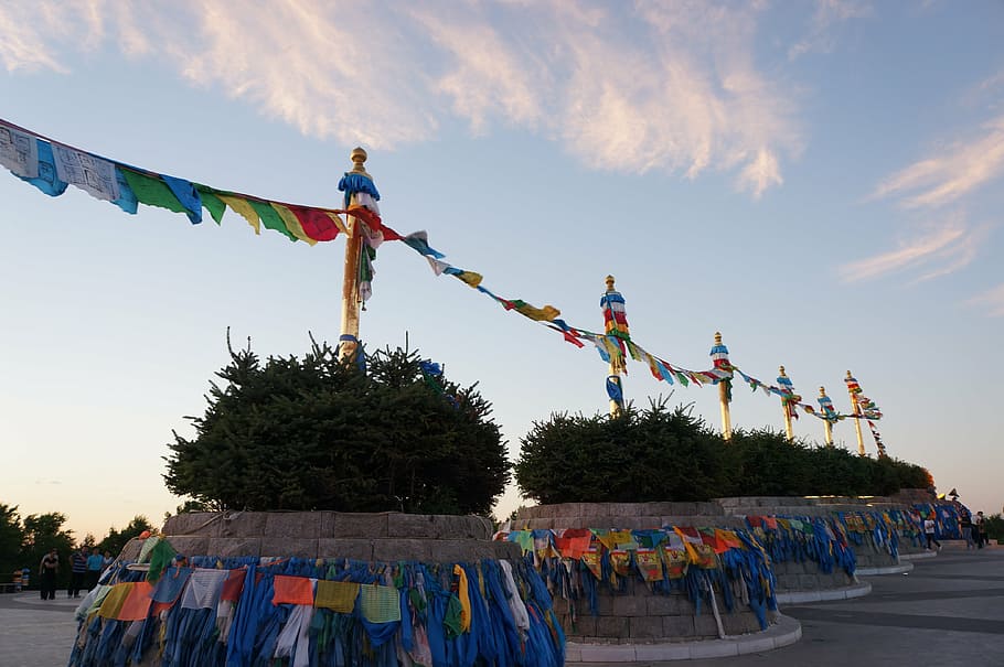 obo, mongolian, culture, regional culture, multi colored, celebration, decoration, sky, flag, event