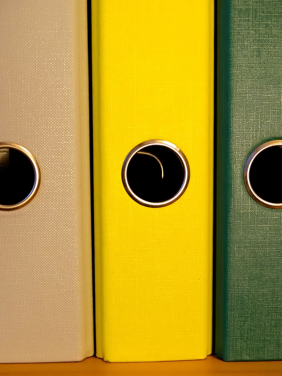 close-up, three, green, yellow, brown, binders, surface, folder, federal folder, file