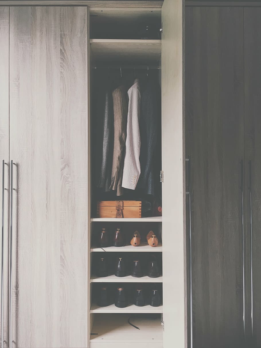 clothes, shoes, brown, wooden, wardrobe, cabinet, closet, door, open, clothing