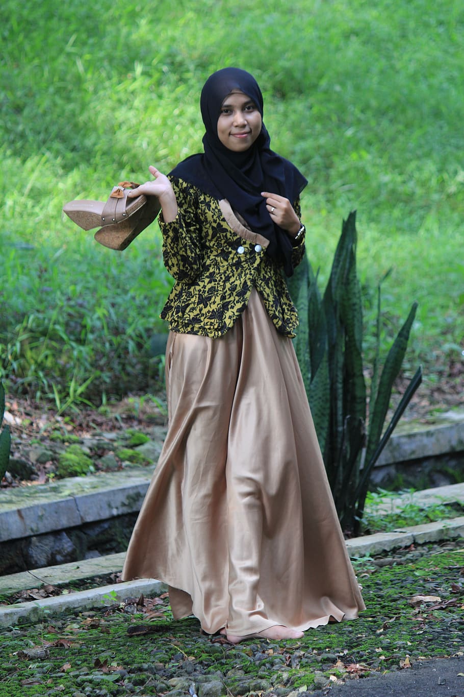 islamic, female, cute, shoes, root, asian, hijab, outdoor, smile, forest