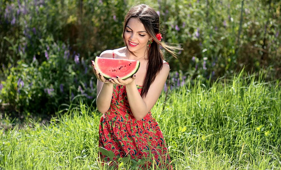 woman, red, floral, dress, holding, watermelon fruit, girl, melon, summer, beauty
