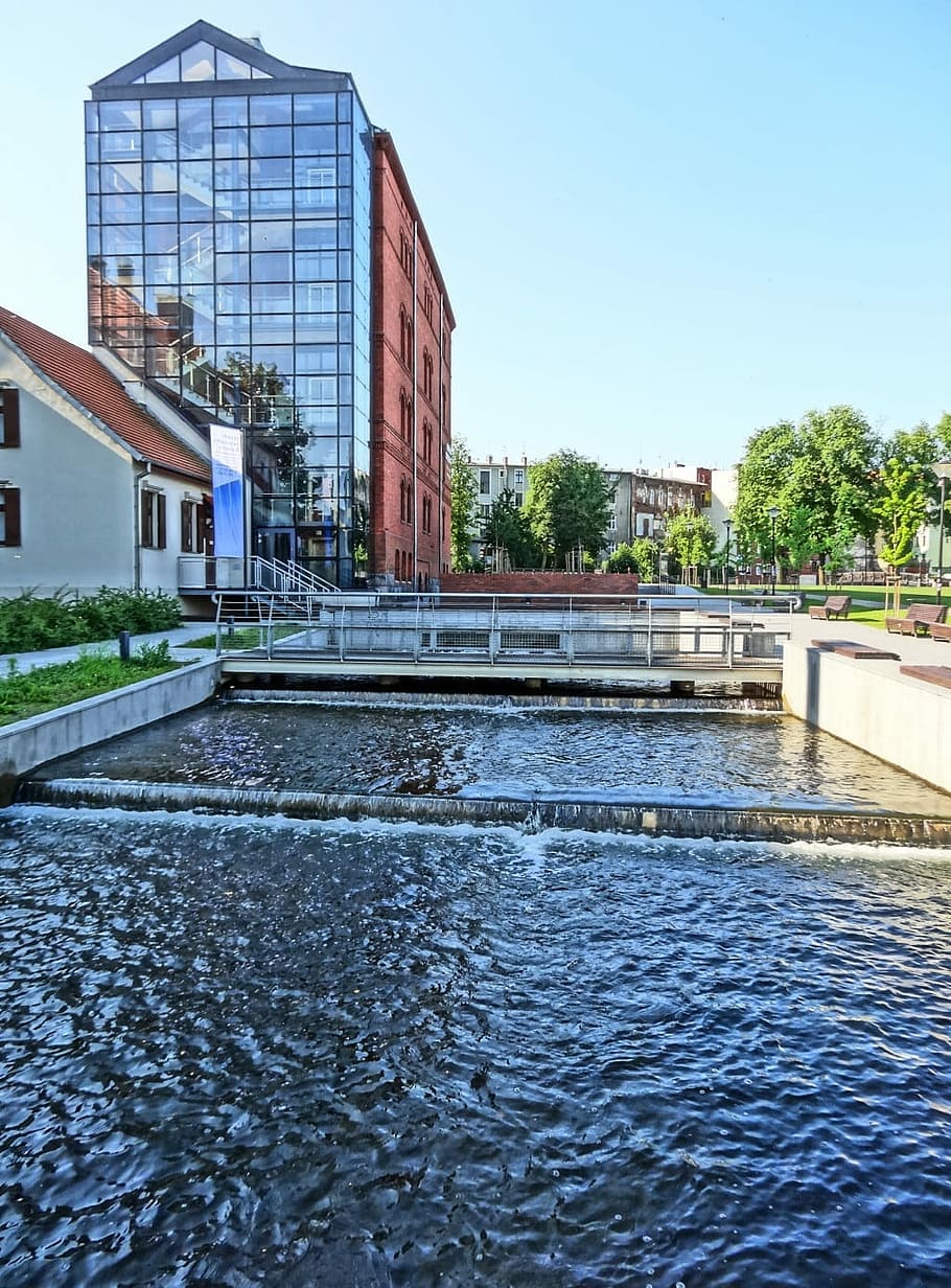 Bydgoszcz, Mill Island, Ilha, Edifício, Canal, construção, rio, água, vista, arquitetura