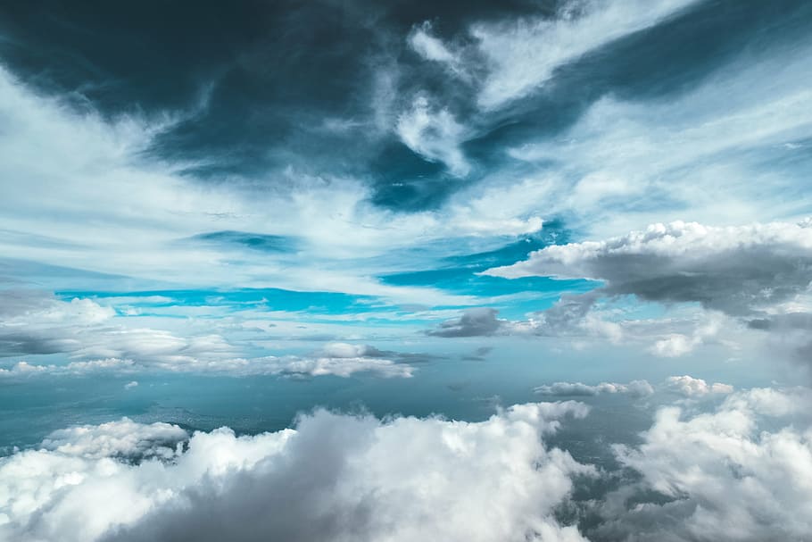 fotografia, nuvens cumulus, nimbus, nuvens, azul, céu, nublado, antena, vista, voando
