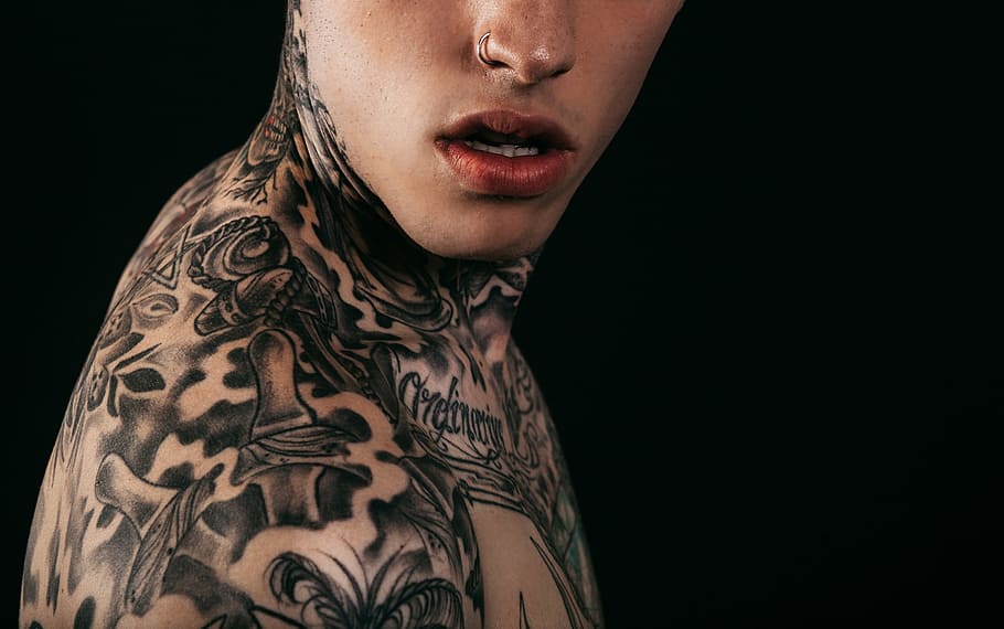 photography, man, tattoos, fashion, lips, model, moody, one person, black background, one woman only